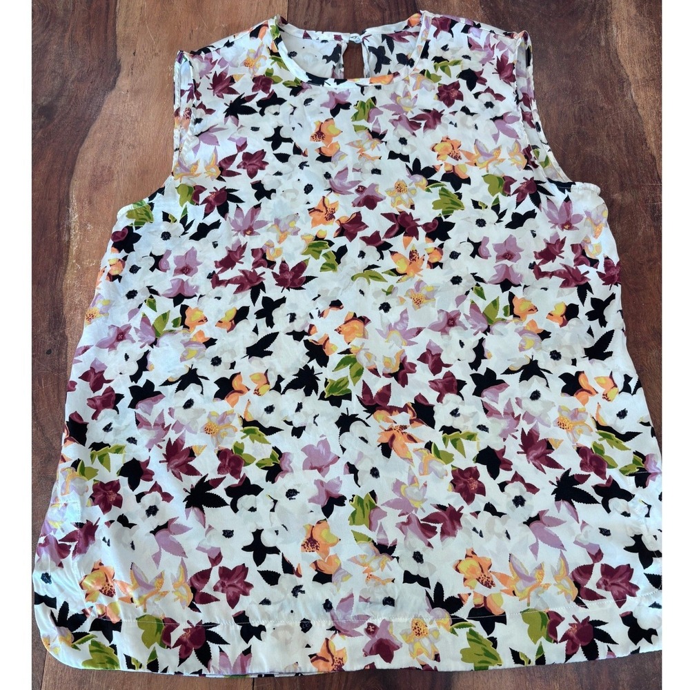 Kyle floral silk tank top women sz M white purple sleeveless keyhole back